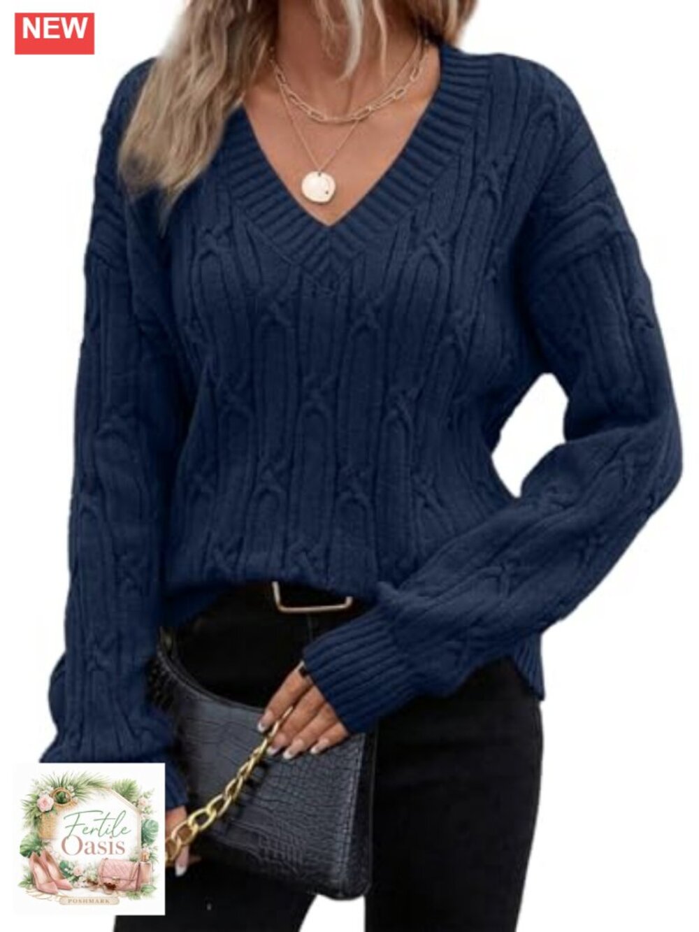 Women's V-Neck Cable Knit Sweater Casual Long Sleeve Lightweight